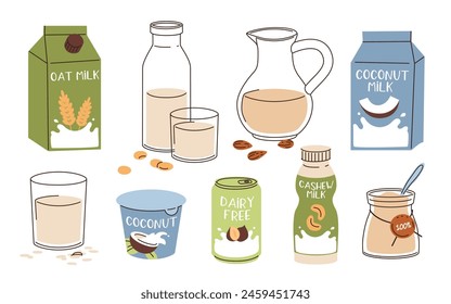 Colección de leche vegana, alternativas lácteas con almendra, coco, avena, juego de botellas, paquetes con bebidas a base de plantas, ícono de bebida de cajú, Ilustraciones vectoriales de alimentos naturales no lácteos con letras