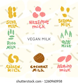 Vegan milk collection of hand drawn vector elements. Illustration made in doodle style. Set of food objects for package, merch and other design.