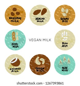 Vegan milk collection of hand drawn premade Vegan Milk designs. Vector objects made in doodle style. Set of food elements and lettering for package, merch and other design.
