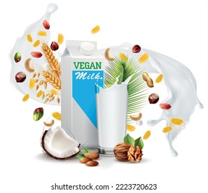 Vegan milk colored realistic composition with glass of drink and scattered grains of soy almond peanut on white background vector illustration