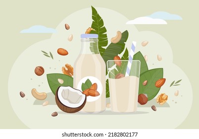 Veganisches Milchkonzept. Alternative vegetarische Getränke für pflanzliche Ernährung, gesunde organische laktosefreie Nussmilch aus Mandeln, Cashews, Kiefernnüsse, Kokosnuss oder Nüsse in Flasche und Glas