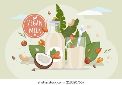 Vegan milk concept. Alternative non-dairy vegetarian drink for plant based diet, healthy organic lactose free nut milk from almonds, cashews, pine nuts, coconut or walnuts in bottle and glass.