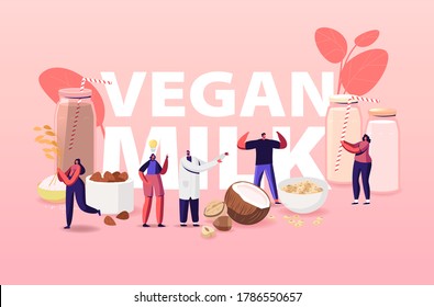 Vegan Milk Concept. Characters with Assortment of Organic Non Dairy Drinks from Nuts, Oatmeal, Rice and Soy. Health Care, Diet and Nutrition Poster Banner Flyer. Cartoon People Vector Illustration