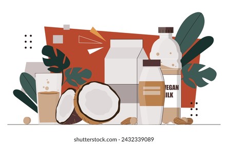 Vegan milk concept. Coconut and dairy products. Healthy eating with vitamins. Proper diet and nutrition. Poster or banner. Cartoon flat vector illustration isolated on white background