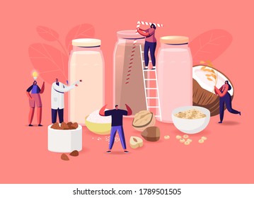 Vegan Milk Concept. Tiny Male and Female Characters with Assortment of Organic Non Dairy Drinks from Nuts, Oatmeal, Rice and Soy. Health Care, Diet and Nutrition. Cartoon People Vector Illustration