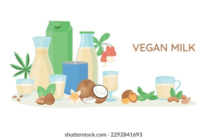 Vegan milk flat advertising composition with editable text and milk bottles glasses among leaves and coconuts vector illustration