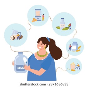 Vegan milk flat composition with happy woman holding bottle of drink vector illustration