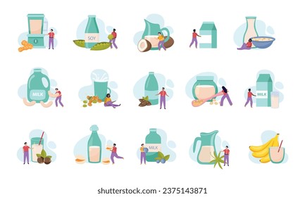 Vegan milk flat icons set with high nutrient vegeterian drink packs isolated vector illustration