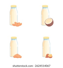 Vegan milk icons set cartoon vector. Various vegetable milk in bottle. Lactose free drink