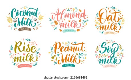 Vegan milk lettering. Coconut, peanut and almond nuts drink. Oat cereals, natural rise and soy plant-based milk product label vector set. Delicious lactose free plant drink text elements