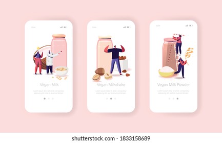 Vegan Milk Mobile App Page Onboard Screen Template. Tiny Characters with Organic Non Dairy Drinks from Nuts, Oatmeal, Rice and Soy. Health Care and Diet Concept. Cartoon People Vector Illustration