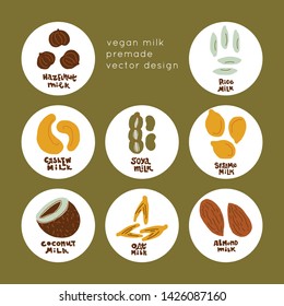 Vegan Milk packaging Vector logo design templates set. Plant icons in linear style. Abstract emblem for organic shop, healthy food store or vegetarian cafe.