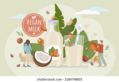 Concepto de preparación de leche vegana con personajes masculinos y femeninos. Bebida vegetariana no lechera alternativa para la dieta basada en plantas, leche de nuez libre de lactosa orgánica saludable de almendras, nueces de pino