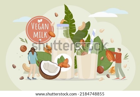 Vegan milk preparation concept with guy and girl characters. Alternative non-dairy vegetarian drink for plant based diet, healthy organic lactose free nut milk from almonds, cashews, pine nuts