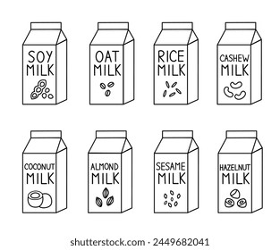Vegan milk set. Almond, soy, rice, coconut, cashew, oat, almond, sesame, hazelnut. Box Carton packaging. Outline, doodle, line art style. Collection of vector flat illustration.