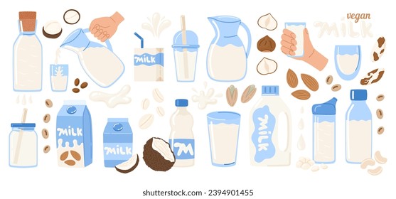 Vegan milk set in different packages. Alternative non-dairy vegetarian drink. Healthy organic lactose free milk from almonds, cashews, hazelnut, pistachio. Vector illustration in doodle style 