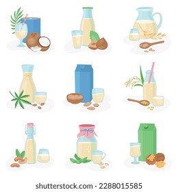 Vegan milk set of flat icons with packages and cups of grain milk on blank background vector illustration