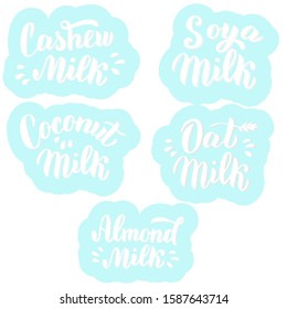 Vegan milk set of package design for almond, cashew, soya, oat, coconut milk.Trendy lettering text font in blue bubbles. Packaging, sticker, banner, logo isolated on white background. Vector eps 10.