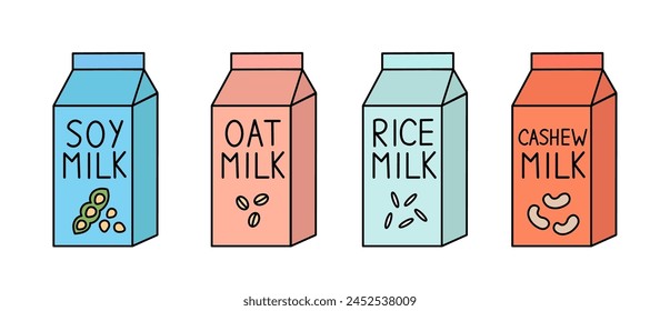 Vegan milk set. Soy, rice, cashew, oat. Box Carton packaging. Collection of vector flat illustration.