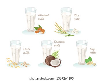 Vegan milk. Soy, rice, coconut, almond, oat milk in glass cups isolated over white background. Vector illustration of a healthy drink in cartoon flat style.