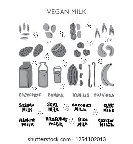 Vegan milk and tastes collection of hand drawn vector elements. Illustration made in doodle style. Set of food objects for package, merch and other design.