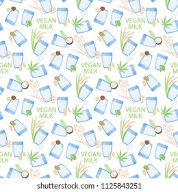 Vegan milk vector flat seamless pattern, vegetarian or plant based milk, flat design of fnon-diary products wallpaper isolated on the white background, vector illustration