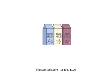 Vegan milk vector illustration. Flat linear illustration of three types of vegan milk - soy milk, oat and rice . Lactose free milk. Healthy eating concept.