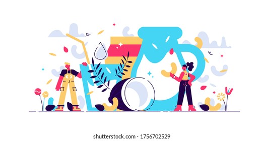 Vegan milk vector illustration. Flat tiny lactose free drink persons concept. Organic and healthy cow beverage alternative. Vegetarian almond, oat, rice, soya and hazelnut water. Delicious raw food.