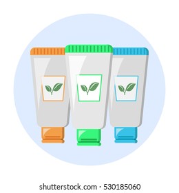 vegan natural  cosmetics shower gel shampoo creme flat design isolated on circle background