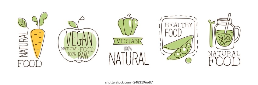 Vegan Natural Raw Food Sticker and Label Vector Set
