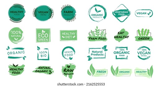 Vegan nature icon set. Healthy vegetarian product labels, fresh food elements. Farm raw food stickers, fresh local products logotype collection. Vegan badge. Vector green ecology illustration