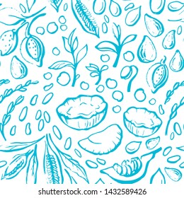 Vegan nature milk. Vector seamless pattern. Natural soy, coconut, pumpkin, almond, sesame, rice. Hand drawn print. Sketch background. Healthy diet. Organic bio food. Vintage wallpapper