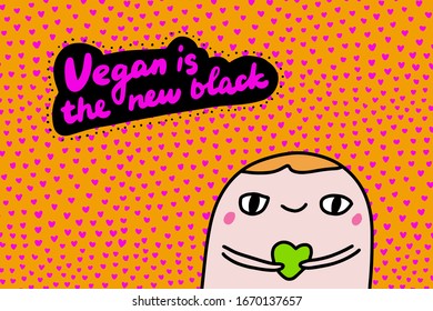 Vegan is the new black hand drawn vector illustration in cartoon comic style man holding green heart textured background prints posters card