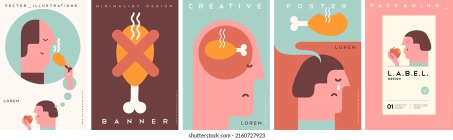 Vegan. No meat. Diet. Set of vector illustrations. Simple, modern style. Background for label. cover, poster, animation.