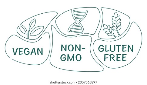 Vegan, Non-GMO, Gluten free - badge in thin line for food packaging. Decoration for healthy natural organic nutrition