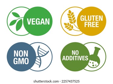 Vegan, Non-GMO, Gluten free and no additives - set of pictograms for food packaging. Decoration for healthy natural organic nutrition