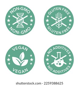 Vegan, Non-GMO, Gluten free and no additives - set of flat pictograms for food packaging. Decoration for healthy natural organic nutrition svg