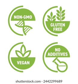 Vegan, Non-GMO, Gluten free, No Additives - set of bold pictograms for food packaging. Decoration for healthy natural organic nutrition