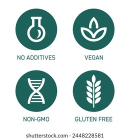 Vegan, Non-GMO, Gluten free, No Additives - set of bold line pictograms for food packaging. Decoration for healthy natural organic nutrition