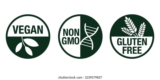 Vegan, Non-GMO, Gluten free - set of pictograms for food packaging. Decoration for healthy natural organic nutrition