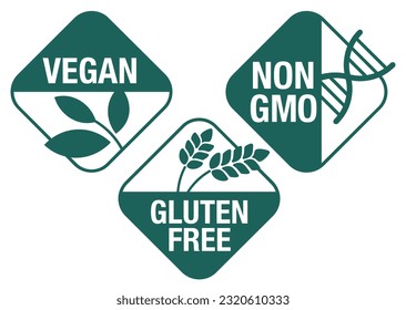 Vegan, Non-GMO, Gluten free - set of rhombic pictograms for food packaging. Decoration for healthy natural organic nutrition