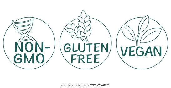 Vegan, Non-GMO, Gluten free - set of labels for food packaging in thin line. Decoration for healthy natural organic nutrition