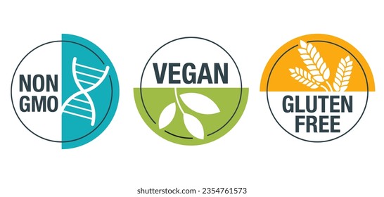 Vegan, Non-GMO, Gluten free - set of colorful pictograms for food packaging. Decoration for healthy natural organic nutrition