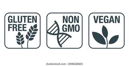 Vegan, Non-GMO, Gluten free - set of square pictograms for food packaging. Decoration for healthy natural organic nutrition