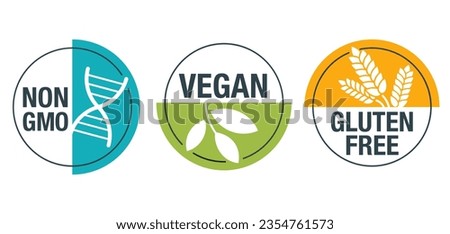 Vegan, Non-GMO, Gluten free - set of colorful pictograms for food packaging. Decoration for healthy natural organic nutrition