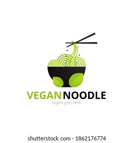 Vegan noodle logo concept. Black bowl with chopsticks. Japanese template vector
