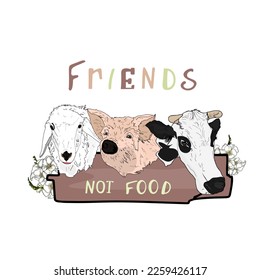 Vegan. Not Food. Vegan logotype design farm animals. Сow, sheep and pig, animal faces. Vector illustration isolated on white. For printing, cards, designers, clothes, interior, icon, logo