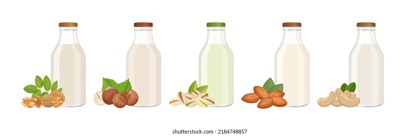 Vegan nut milk bottles. Alternative non-dairy vegetarian drink for plant based diet, healthy organic lactose free milk from almonds, cashews, hazelnut, walnut and pistachio