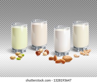 Vegan nut milk in glass on transparent background