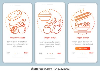 Vegan nutrition onboarding mobile app page screen vector template. Vegetarian breakfast, lunch and dinner walkthrough website steps with linear illustrations. UX, UI, GUI smartphone interface concept